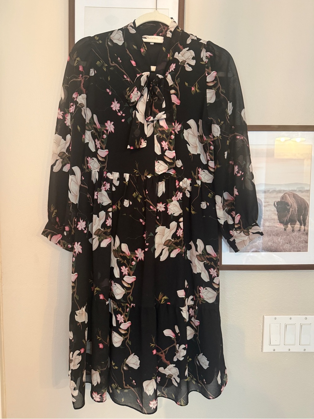 Black Floral Tie-Neck Women's Dress - Pink & White Blooms